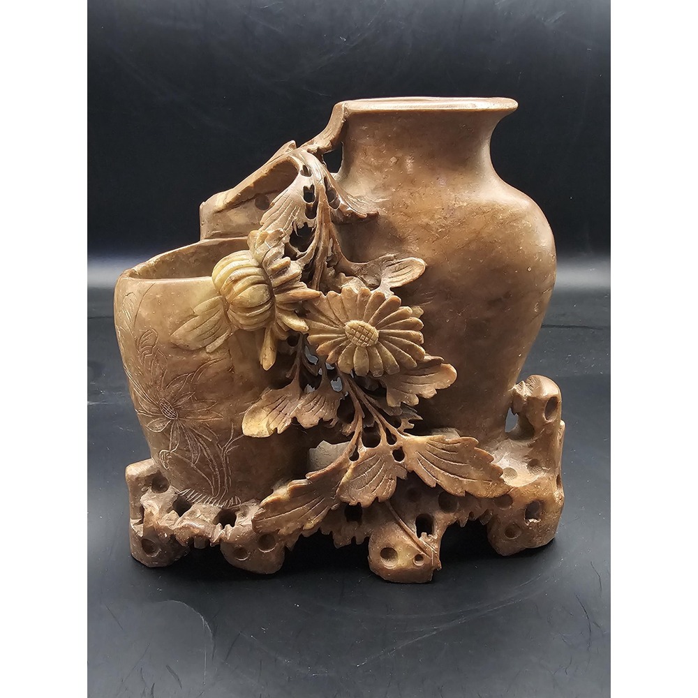 Vintage Chinese Soapstone Double Vase‎ Hand Carved Floral Light Brown 6in SIGNED